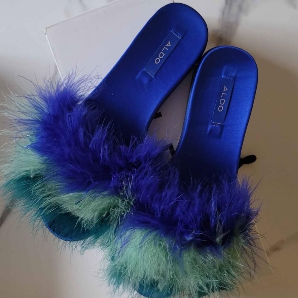 ALDO Vibrant Blue and Green Feathered Slippers